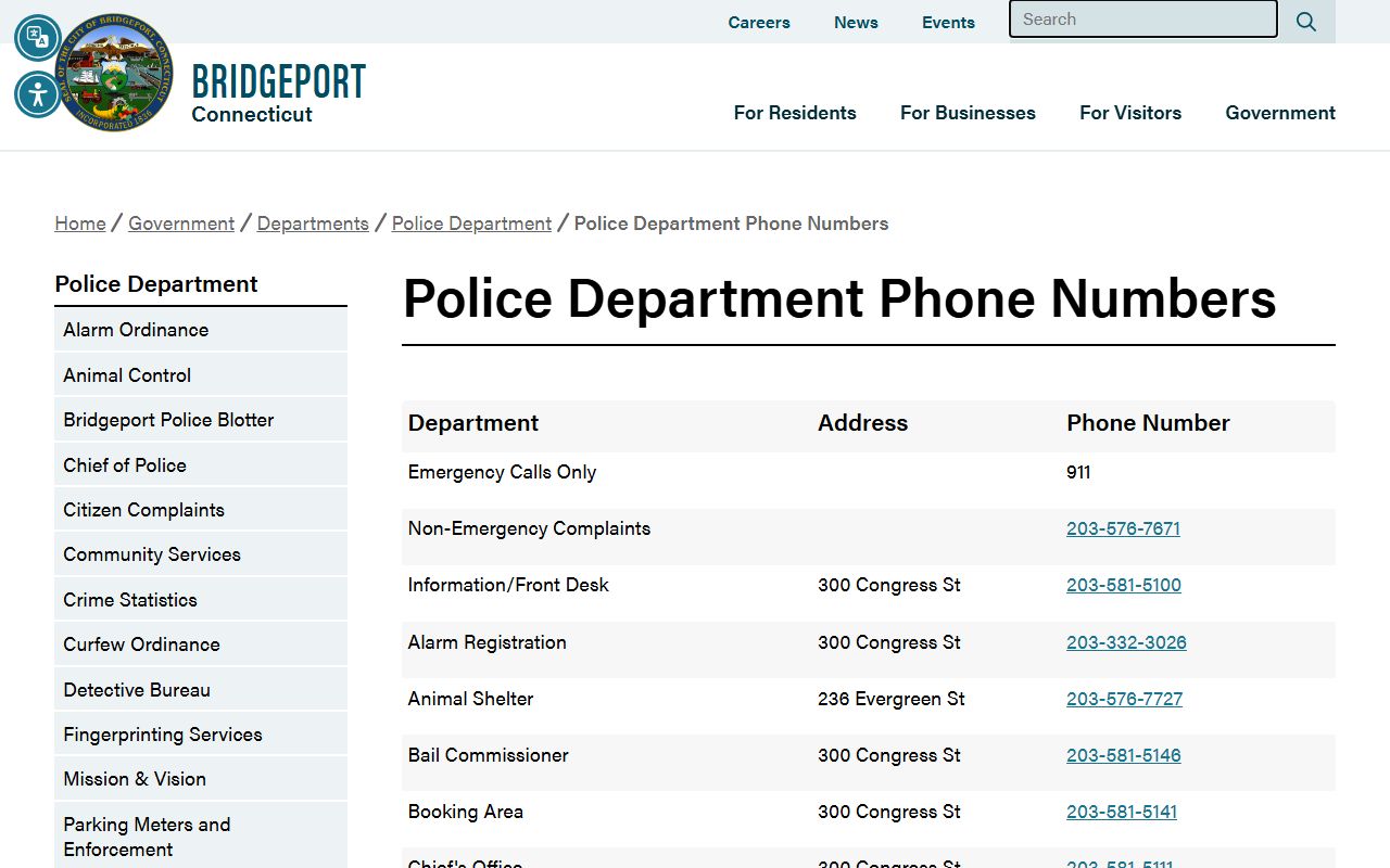 Bridgeport Police Department phone directory and contacts