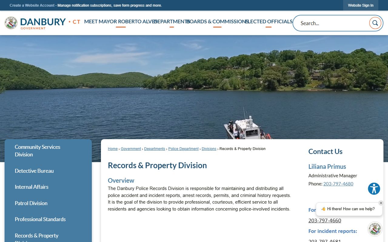 Danbury Police Department Records Division for obtaining arrest records