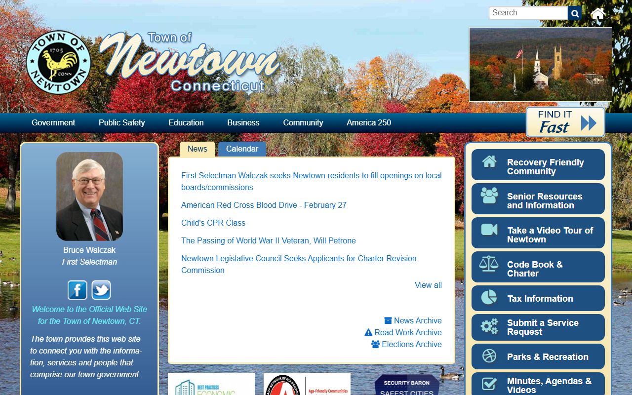 Newtown town homepage for police department information and public records