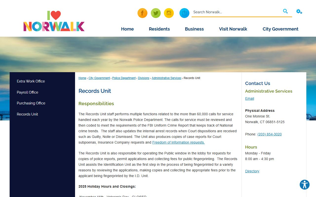 Norwalk Police Department Records Unit office and services