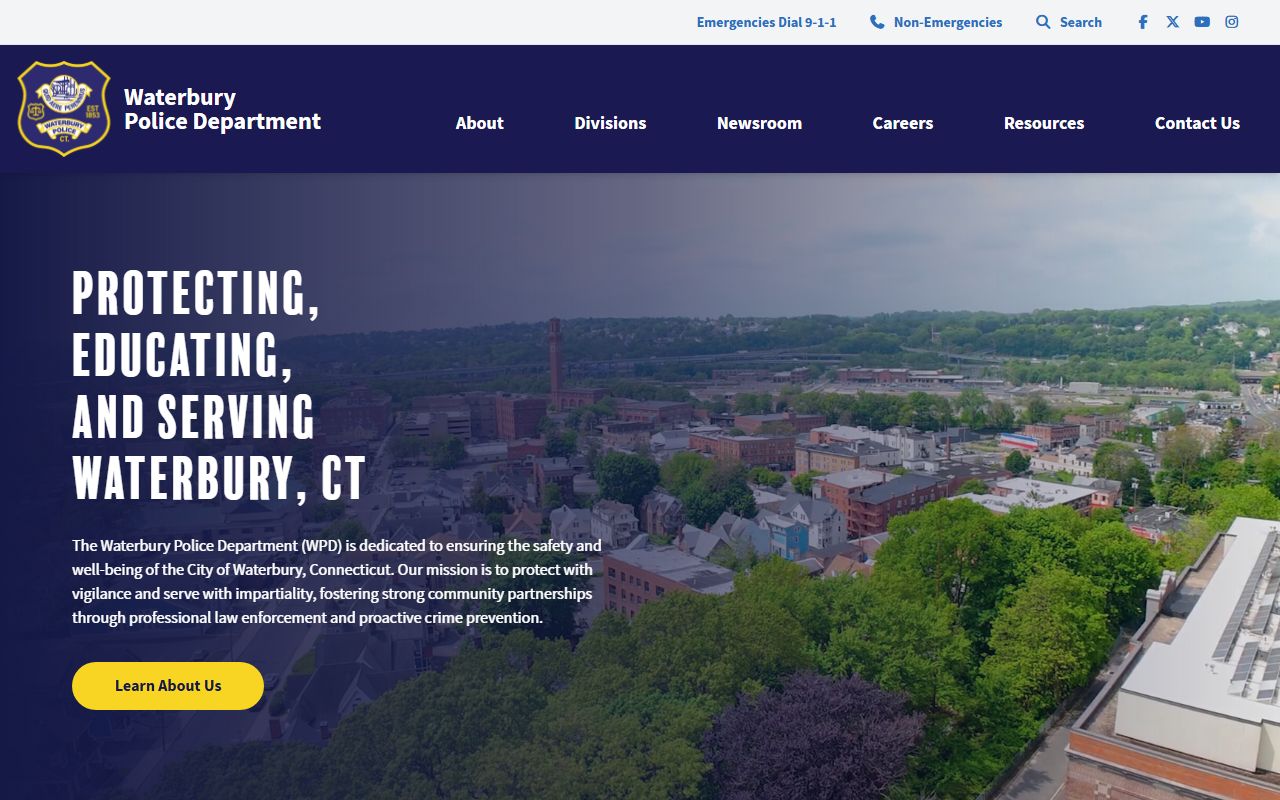 Waterbury Police Department homepage showing public resources