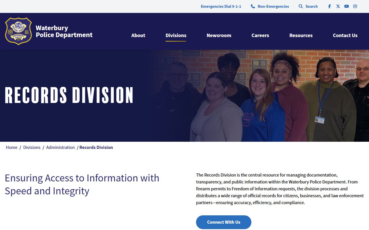 Waterbury Police Department Records Division contact information