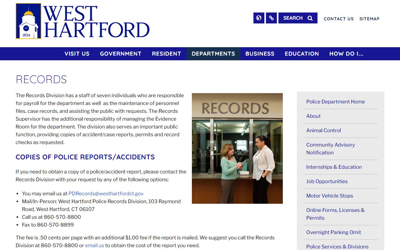 West Hartford Police Department records and services page