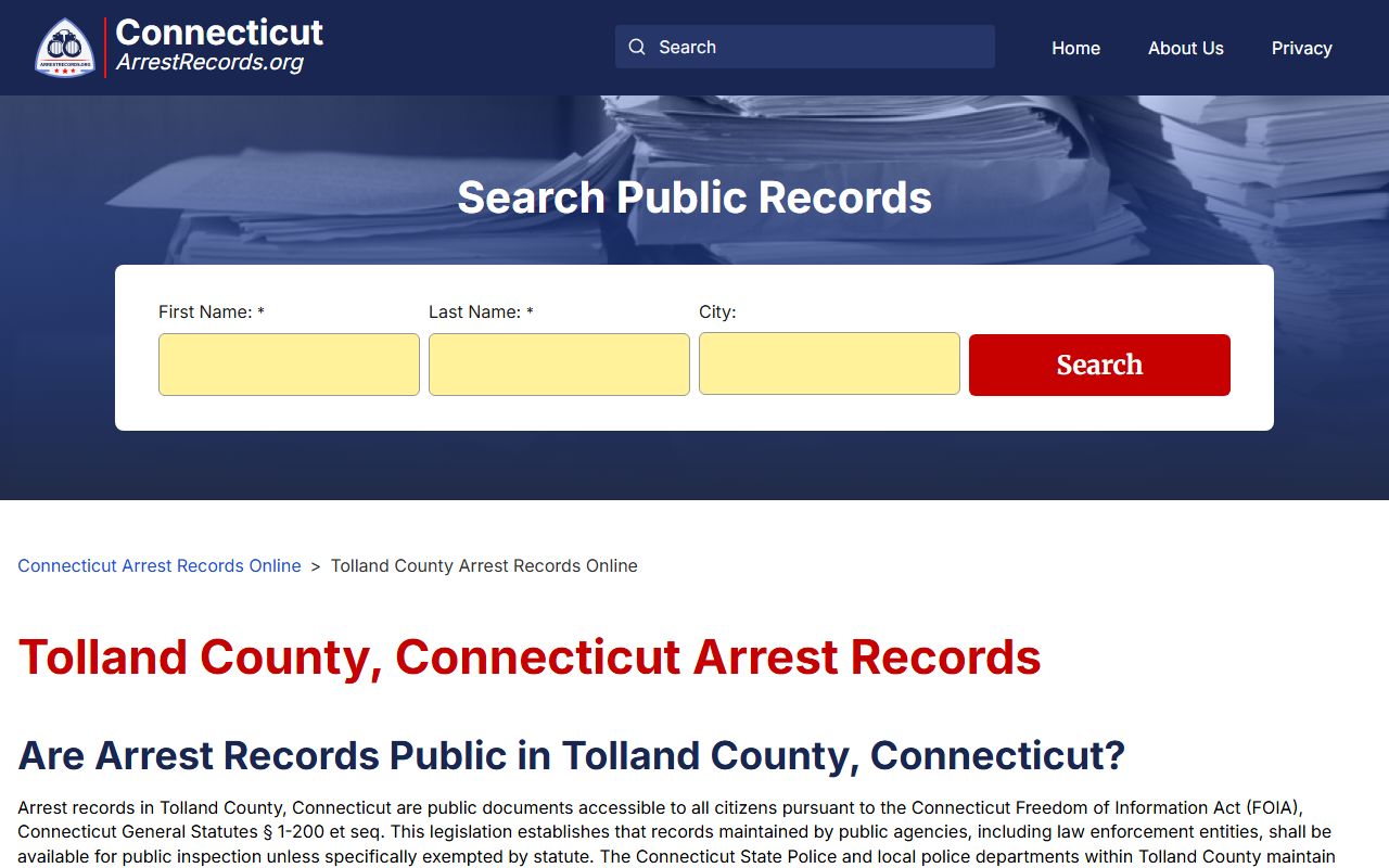 Tolland County arrest records search and lookup options