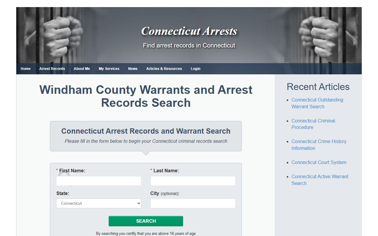 Windham County arrest records and warrants search page